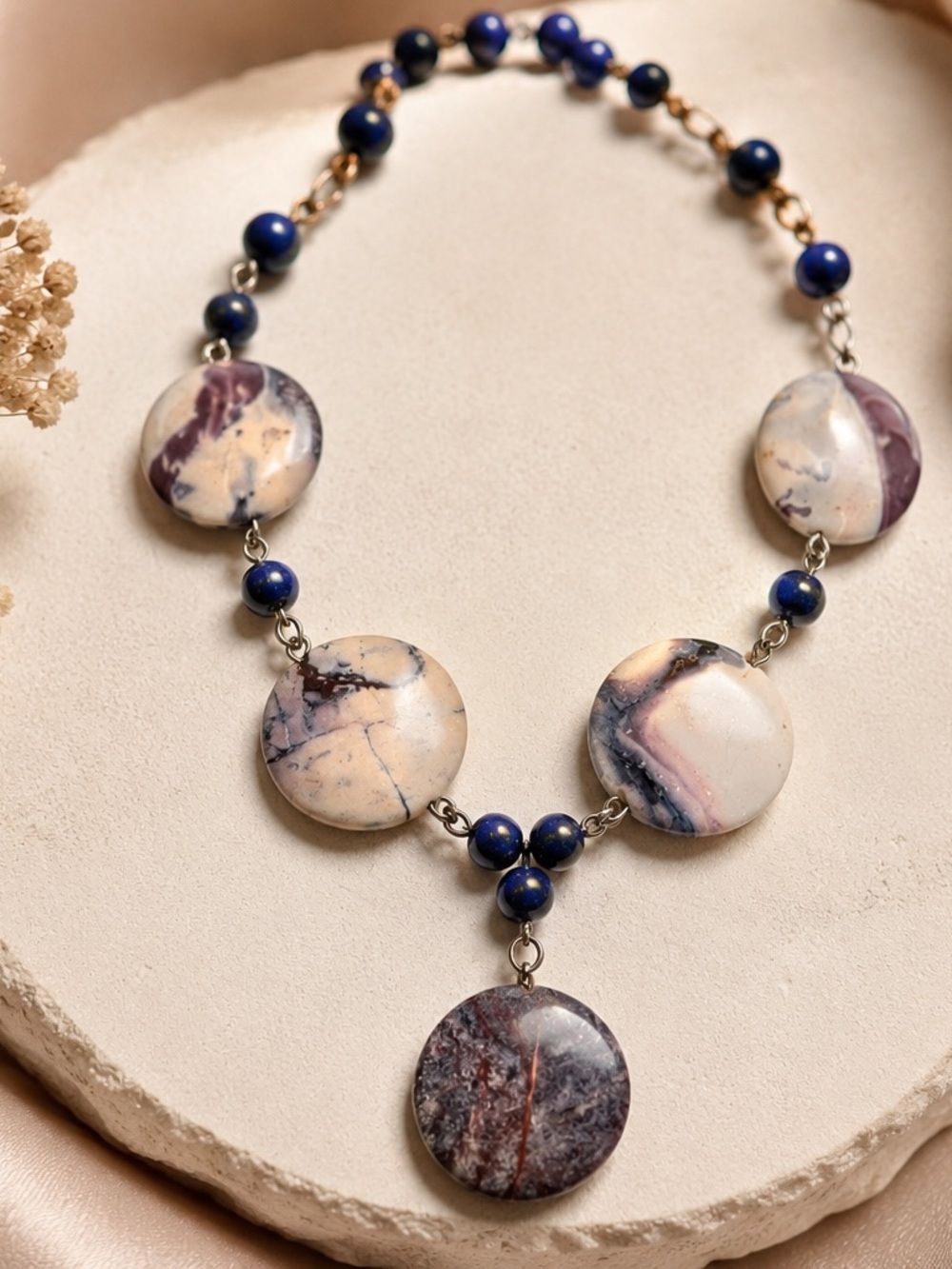 Vintage Purple & Cream Jasper Statement Necklace with Blue Accents